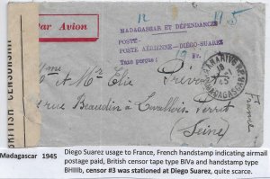 Diego Suarez to France 1945 British Censor Tape (see description) SCARCE (C5407)