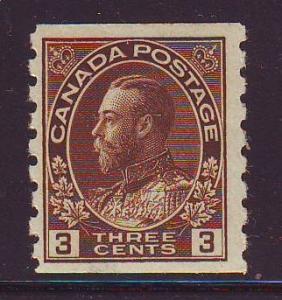 Canada Sc 129 1918 3c brown  G V Admiral coil stamp mint