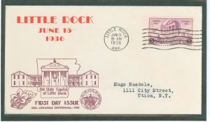 US 782 1936 3c Arkansas Statehood Centennial sigle on an addressed, typed FDC with an Unknown Cachet