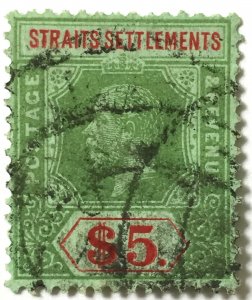 Malaya Straits Settlements KGV 1912-23 $5 Emerald back USED MCCA SG#212c M4747