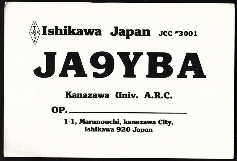 QSL QSO RADIO CARD JA9YBA,Kanazawa Univ. A.R.C., Ishikawa Japan (Q2633)