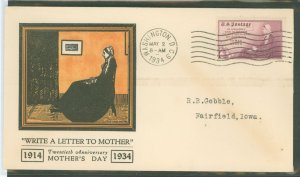 US 737 (1934) 3c Mother's Day (Whistler's Mother) single on an addressed (typed) First Day cover with a Linprint ca...