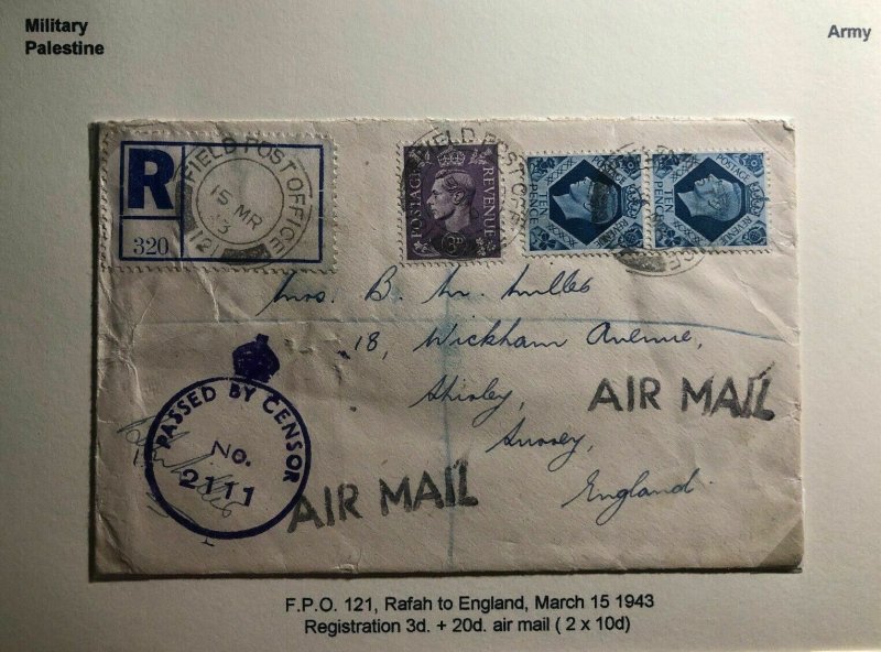 1943 Rafah Palestine British Field Post Airmail Censored Cover To England