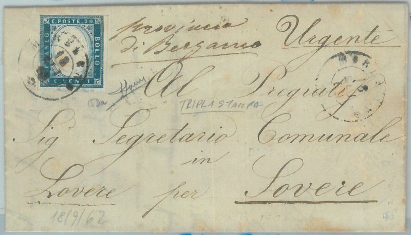 82377 - SARDEGNA - STORIA POSTALE: Sass # 15Da TRIPLA STAMPA su Busta   1862