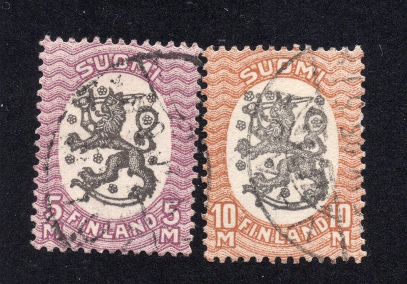 Finland 1917 5m red violet & blk & 10m brown & gray blk Arms, Scott 107-108 used