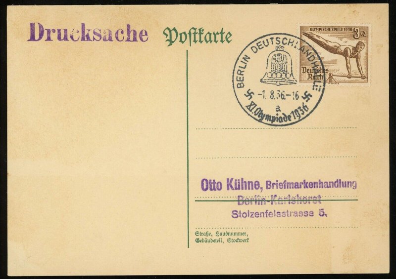 Germany 1936 Olympics Opening Day Postmark Card Mi #609 Berlin Europe