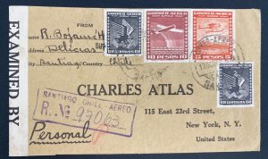 1942 Santiago Chile Censored Cover To Charles Atlas New York USA