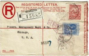 Barbados 1928 uprated registry envelope to the U.S.