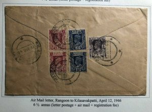 1946 Rangoon Burma Registered Airmail Cover To Kilasavakpatti India