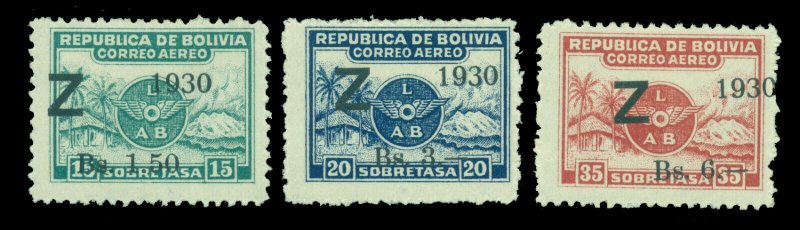 BOLIVIA 1932 Airmail - ZEPPELIN (Z) surcharged set Scott C24-26 mint VLH