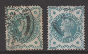 Great Britain 1900 QV 1/2d Blue Green Sc#125 Fine U 2 Copies