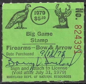 USA MARYLAND 1979 $5.50 State Big GAME Hunting Permit Revenue Used