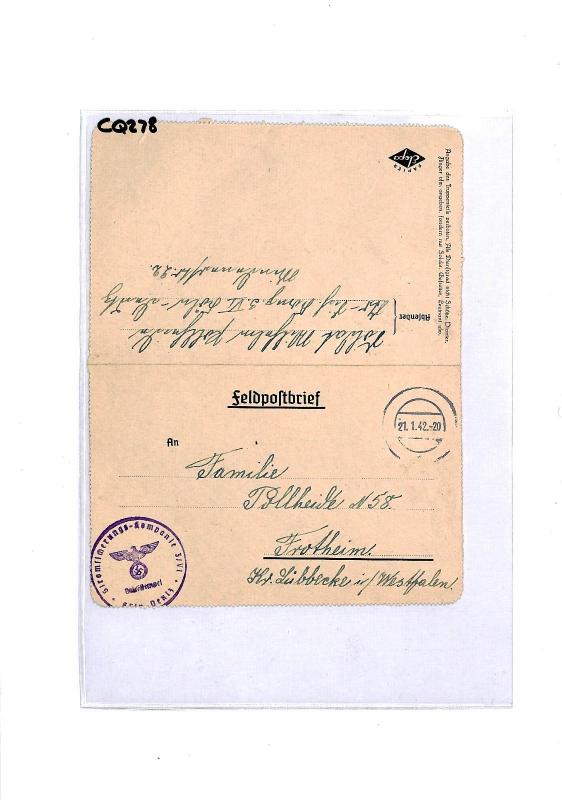 CQ278 Germany *KOLN* 1942 WW2 Military Cover & Original Letter Contents