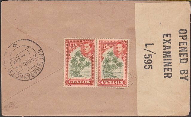 CEYLON 1944 Censor cover to India with local censor tape....................T237