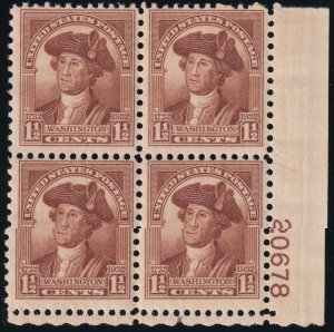 Sc# 706 U.S 1932 Washington Bicentennial 1½¢ plate block 20678 MNH CV $27.50