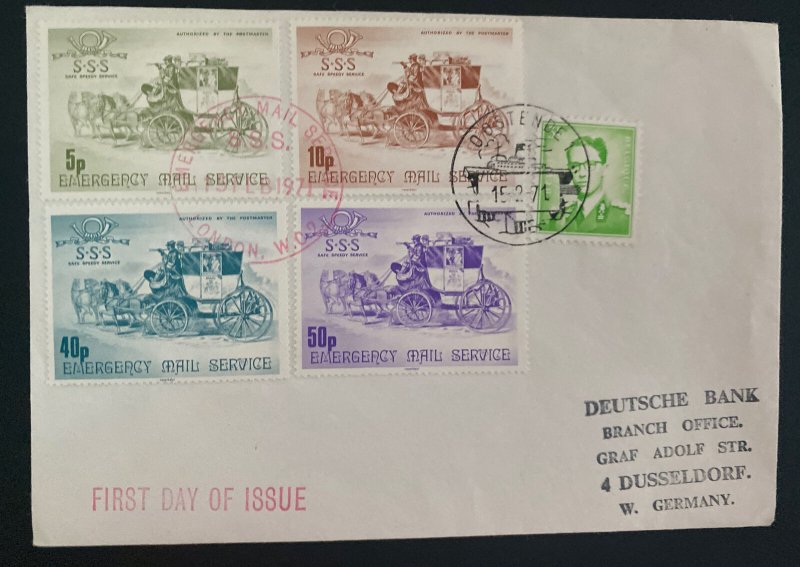 1971 England First Day cover SSS Emergency Mail Service Mixed Franking