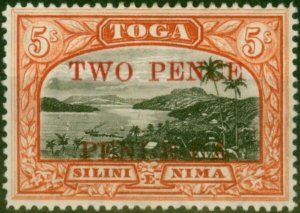 Tonga 1923 2d on 5s Black & Brown-Red SG70a Wmk Sideways Fine MM