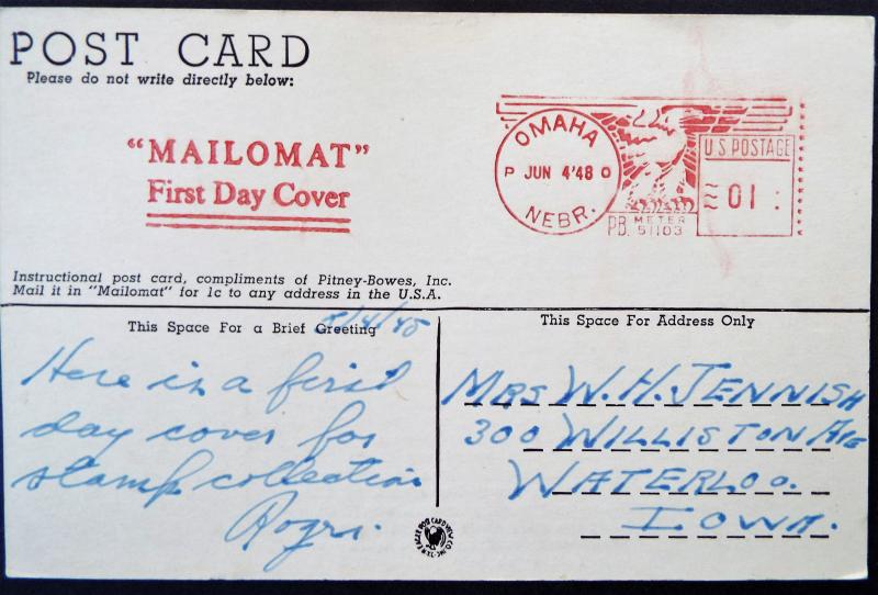 US Postal History Mailomat Meter Stamp FDC 1948