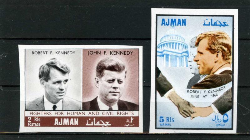 AJMAN 1968 FAMOUS PEOPLE BROTHERS KENNEDY SET OF 2 STAMPS IMPERF. MNH