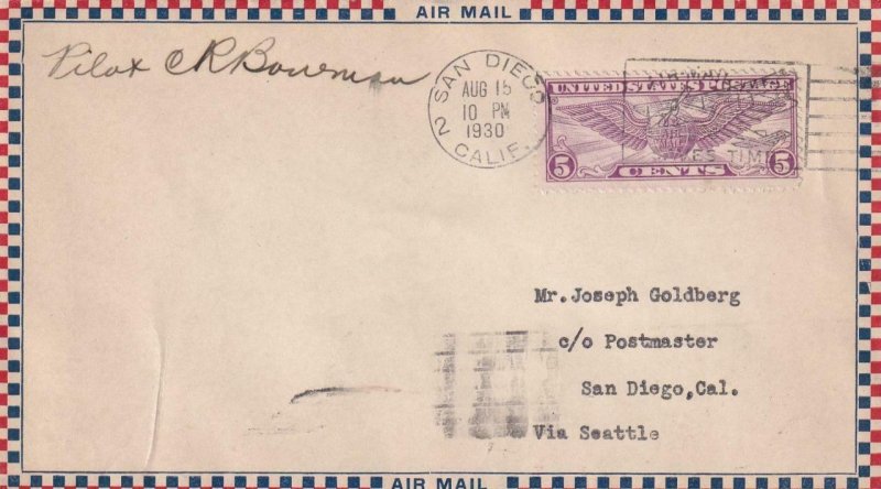 1930, San Diego, CA to Seattle, WA, Airmail, Signed by Pilot (41312)