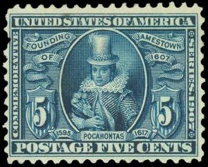 SCOTT #330, UNUSED-VF-NG, 5¢ POCAHONTAS, SCV $125.00! LOW PRICE, Popular Stamp!