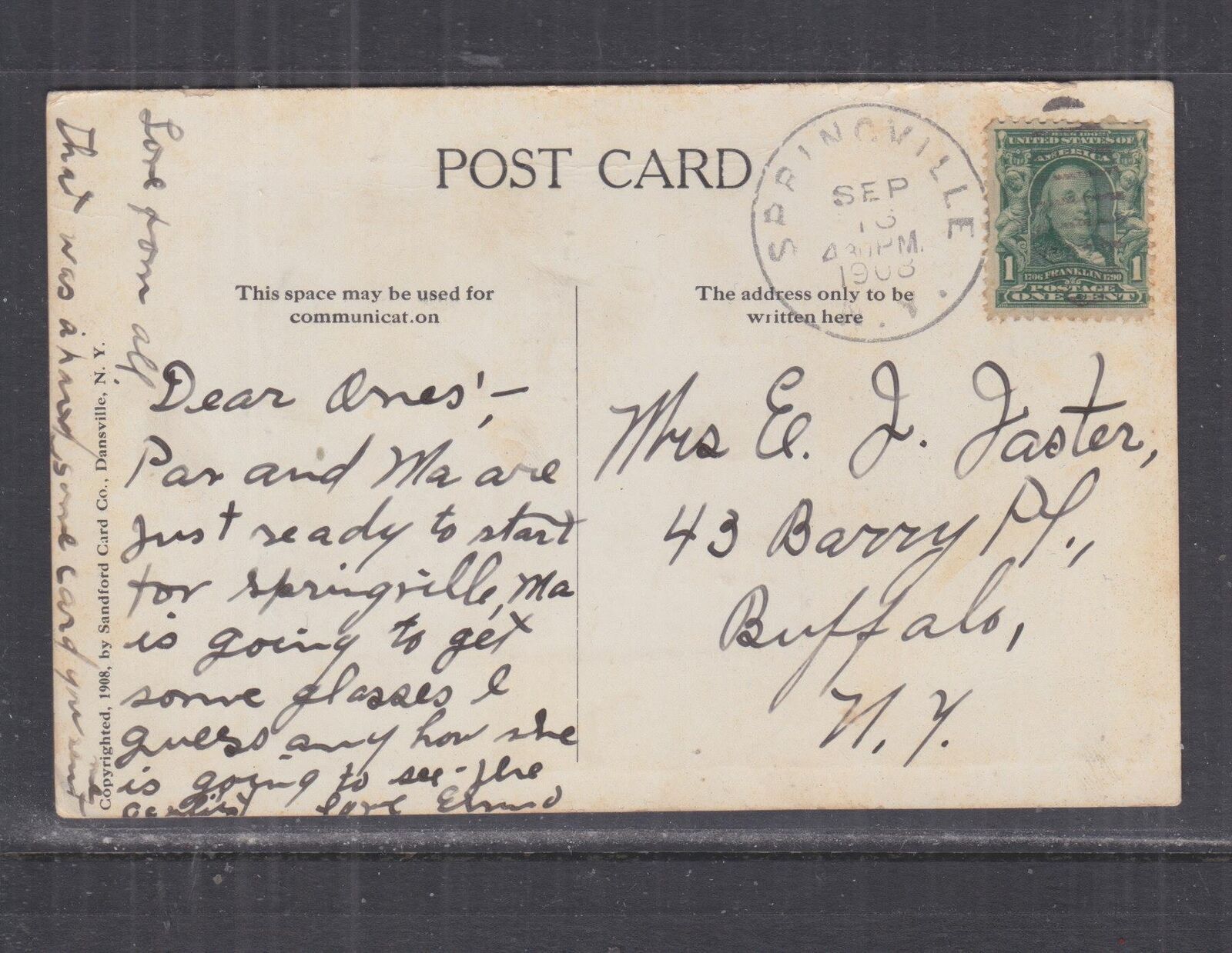 SPRINGVILLE, NEW YORK, 1908 Good Wishes ppc. 1c. to Buffalo. United