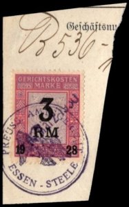 1930 Germany Prussia Revenue 3 Reischmarks Court Fees w/Official Cancel