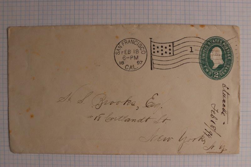 US flag cancel U318 entire 1897 San Francisco G. Staacke backstamp Studebaker DL