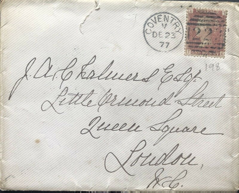 GB QV 1877 COVER PENNY RED ‘TE’ PL198 FROM COVENTRY TO LONDON DT 02ND DEC 1877.