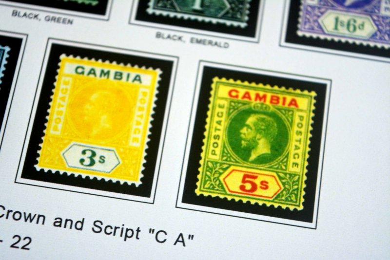 COLOR PRINTED GAMBIA 1869-1965 STAMP ALBUM PAGES (12 illustrated pages)