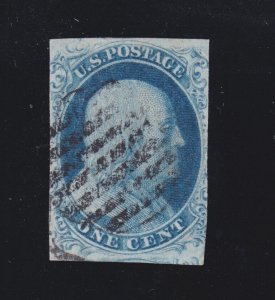 US 7 1c Franklin Used Pastel Blue w/Black Grid Cancel F-VF SCV $135