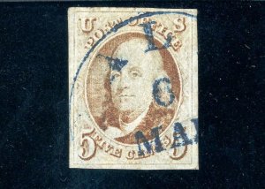 USAstamps Used VF US 1847 Franklin 1st Stamp Sct 1 Beauty With Blue Cancel +Cert 