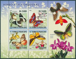 Sao Tome & Principe 2008 MNH Butterflies & Orchids Stamps Butterfly Flora 4v M/S