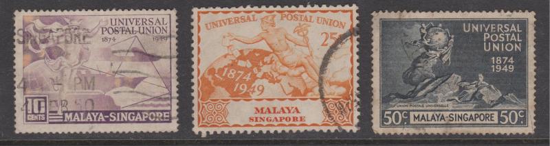 Singapore 1949 UPU 10c 25c 50c Sc#23,25,26 Used