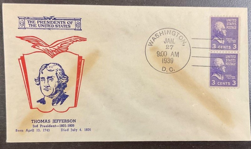 851 Fidelity cachet Thomas Jefferson Line Pair Coils Prexie Series FDC 1939