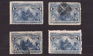 FOUR 1c Columbian #230: different SHADES, one w HALF ARROW marking, Mint & Used