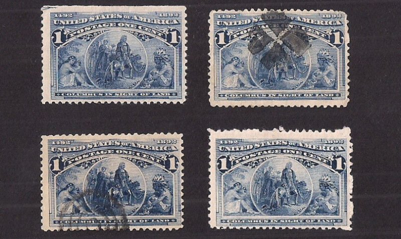 FOUR 1c Columbian #230: different SHADES, one w HALF ARROW marking, Mint & Used