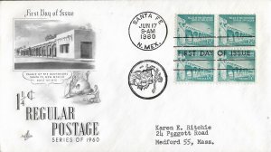 1960 FDC, #1031A, 1-1/4c Palace of the Governors, 3 diff. cachets, block of 4