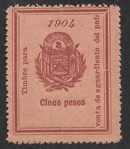 EL SALVADOR 1904 5pesos ARMS Sales Tax on Brandy Revenue Ross 162 MNGAI