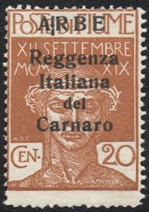 FIUME Italy 1920 Sc 124a 20c Mint LH VF w/Black Overprint, cv $400