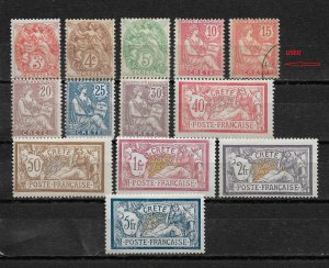 French Crete 1902-03, 13 stamps, Scott # 3-15,VF MLH*OG / Hinged*OG (FR-1) V$175