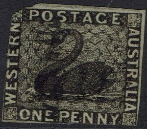 WESTERN AUSTRALIA 1854 SWAN 1D IMPERF USED