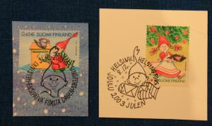 FINLAND 2003 CHRISTMAS STAMPS ON PIECE WITH FANCY CANCELS SCOTT # 1198 - 1199