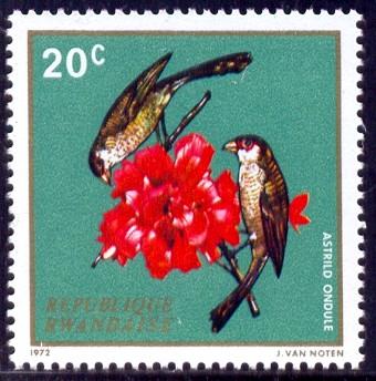 Bird, Common Waxbills & Hibiscus, Rwanda stamp SC#457 MNH