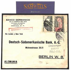 MS3542 1937 MEXICO AIRMAIL Cover Germany via New York BANKING