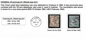 St. Lucia 1892-93 Choiseul cancels in brown and black, Proud type D1