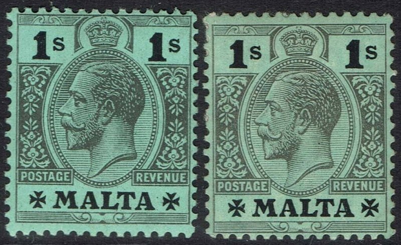 MALTA 1914 KGV 1/- ON GREEN AND WHITE BACK WMK MULTIPLE CROWN CA */**