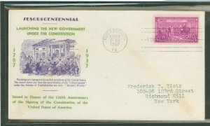 US 798 1937 3c U S Constitution / 150th Anniversary single on an addressed (typed) FDC with a Kapner Cachet.