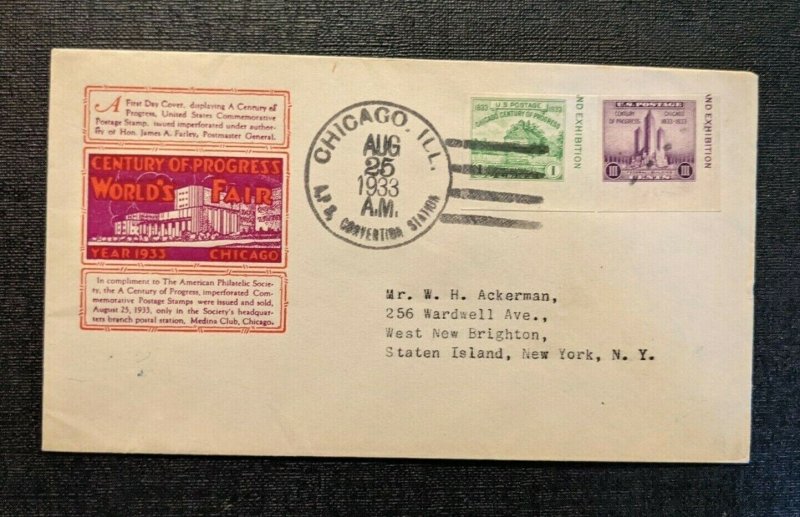 1933 Century of Progress Chicago IL FDC 730 31 Cover to Staten Island NY