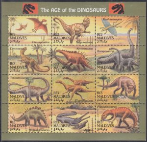 MALDIVE ISLANDS Sc # 1969a-l MNH SHEETLET of 12 DIFF DINOSAURS